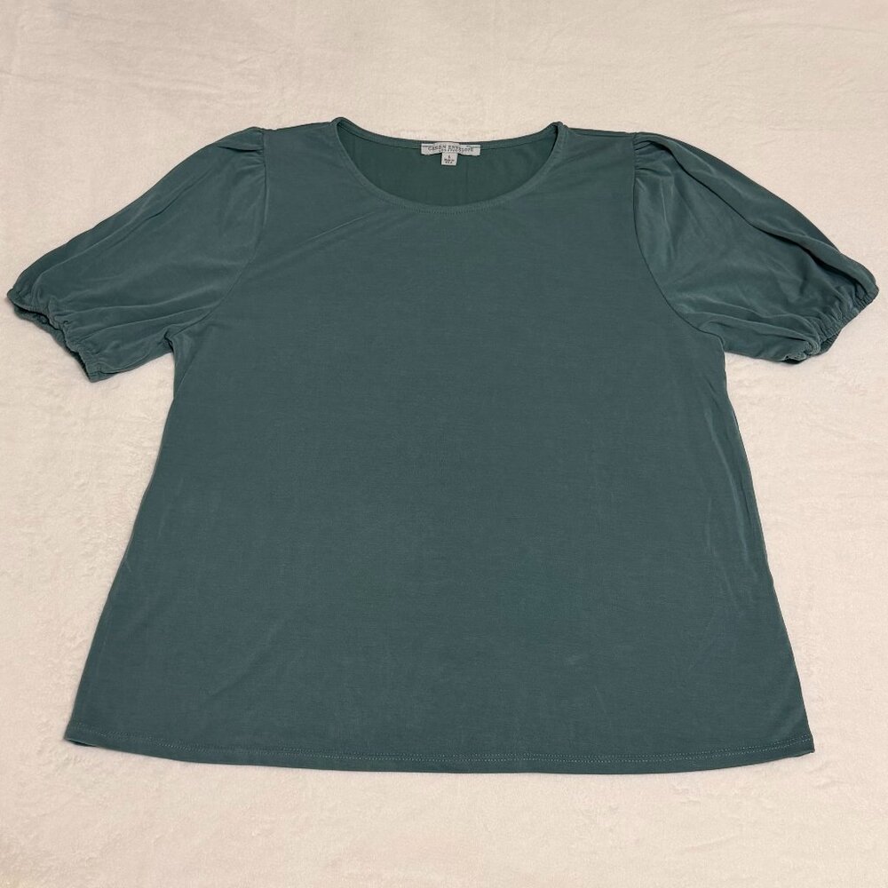 Green Envelope Teal Puff Elbow Sleeve Top Women Size L Casual Blouse